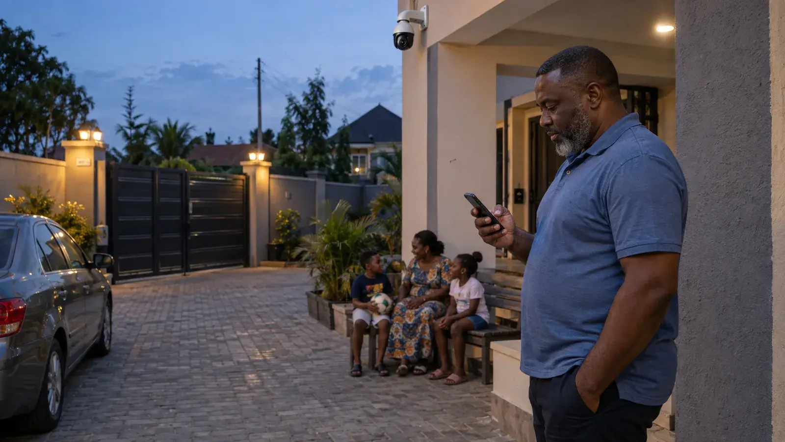 Father checking his security app at dusk as his children sit outside their Abuja home