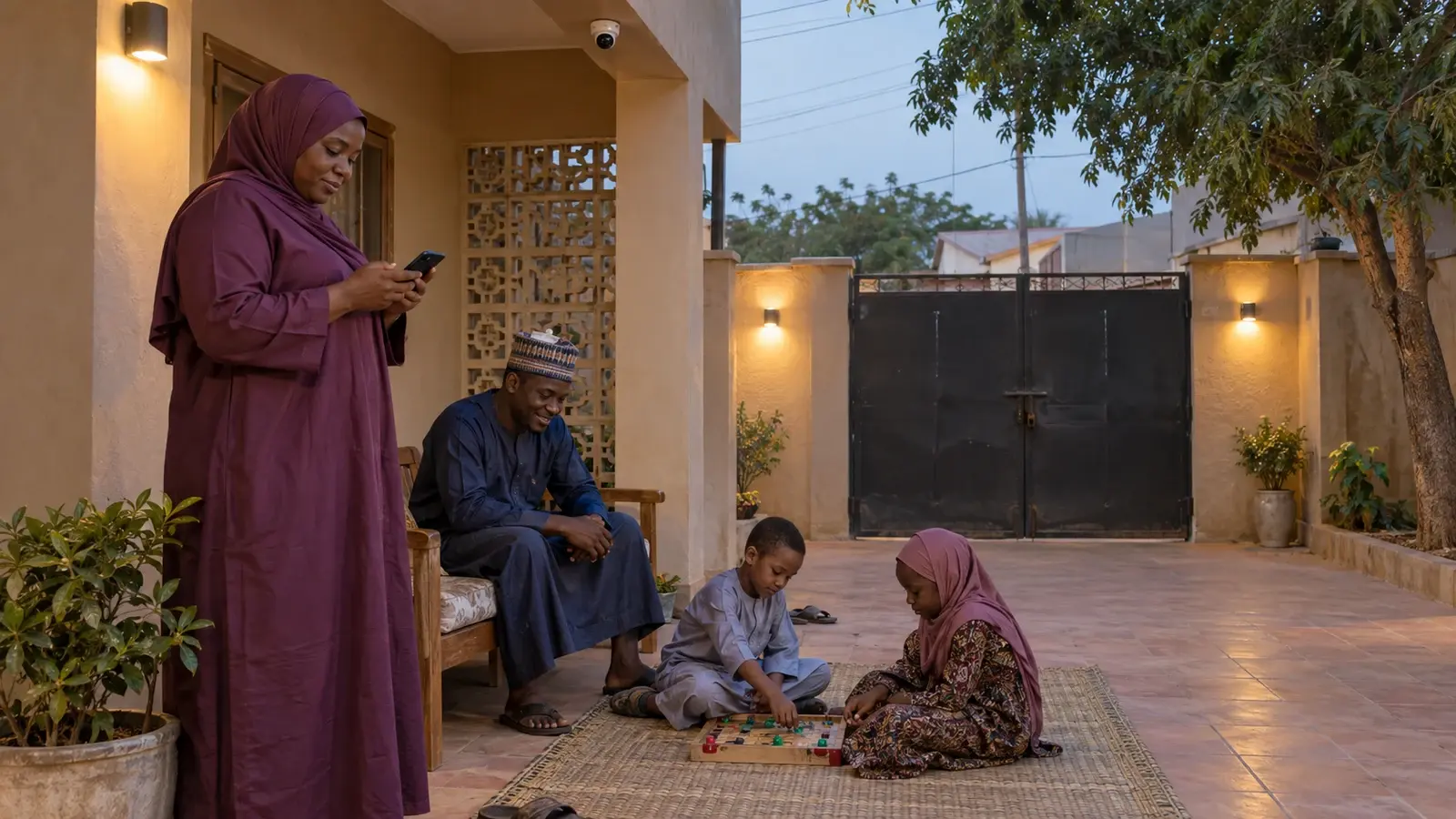 Family evening in a northern Nigerian courtyard monitored by a home security camera