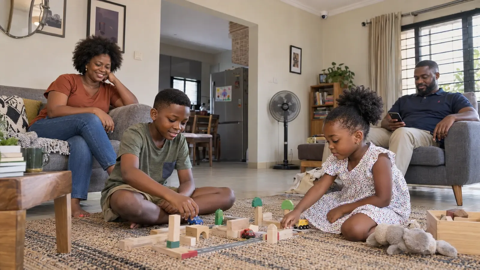 Parents watching their children play safely under an indoor security camera