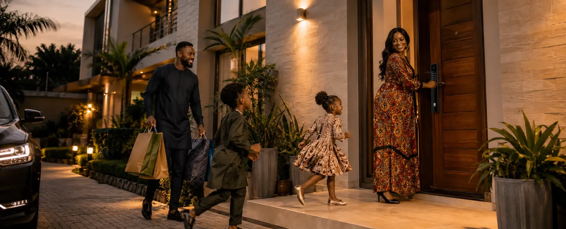 A Nigerian family arriving home and opening their front door with a MYMAiGUARD smart lock