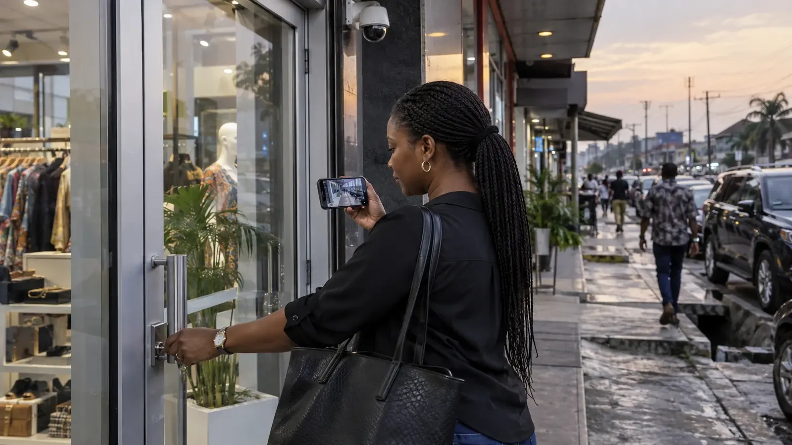 Shop owner checking her boutique CCTV camera on her phone on a Lagos street