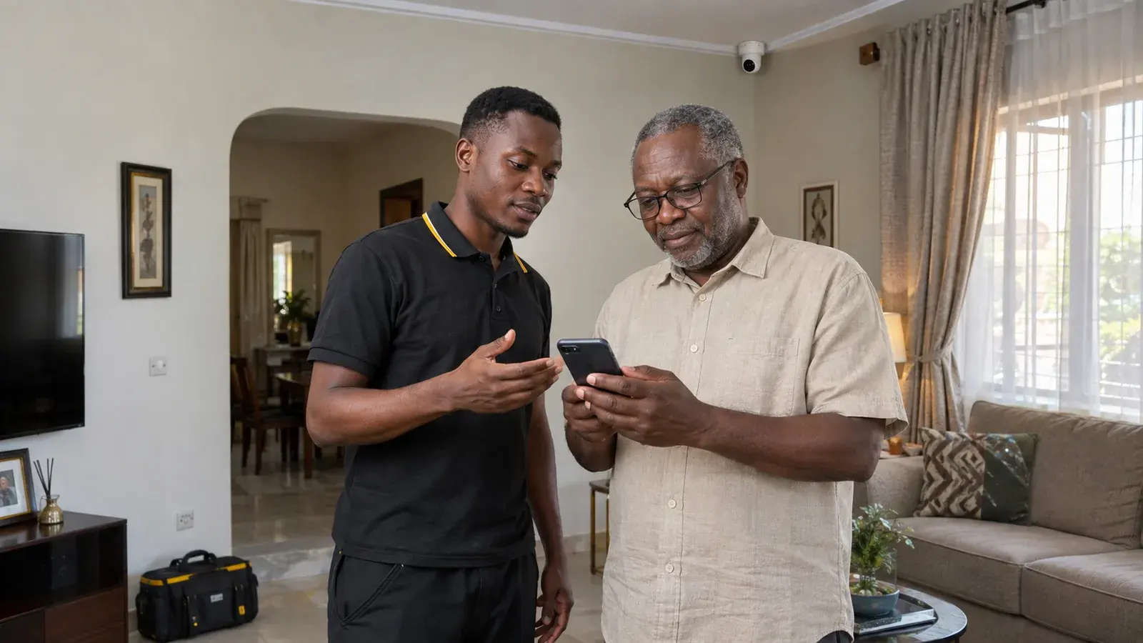 A technician showing an older customer how to use his security camera app, with a ceiling camera installed behind them