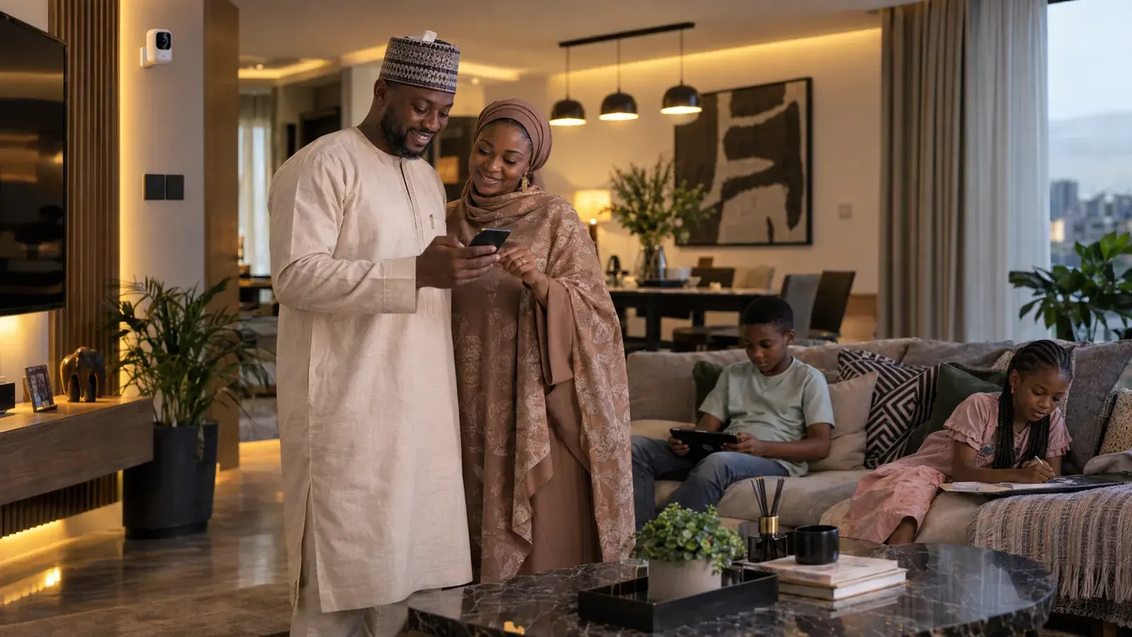 A northern Nigerian couple checking their home security app together while their children relax in the living room