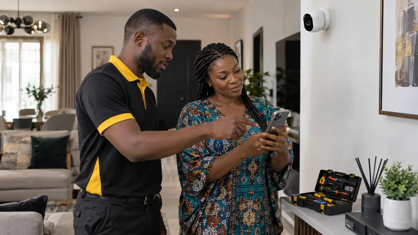 MyMaiGuard technician setting up a customer's indoor security camera and mobile app