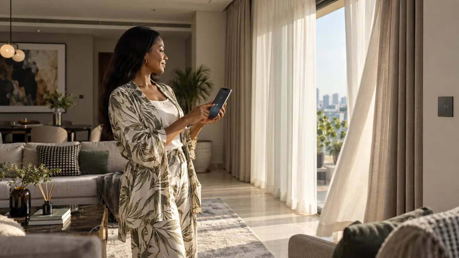 Woman controlling her smart home security system from a tablet in a modern Nigerian living room