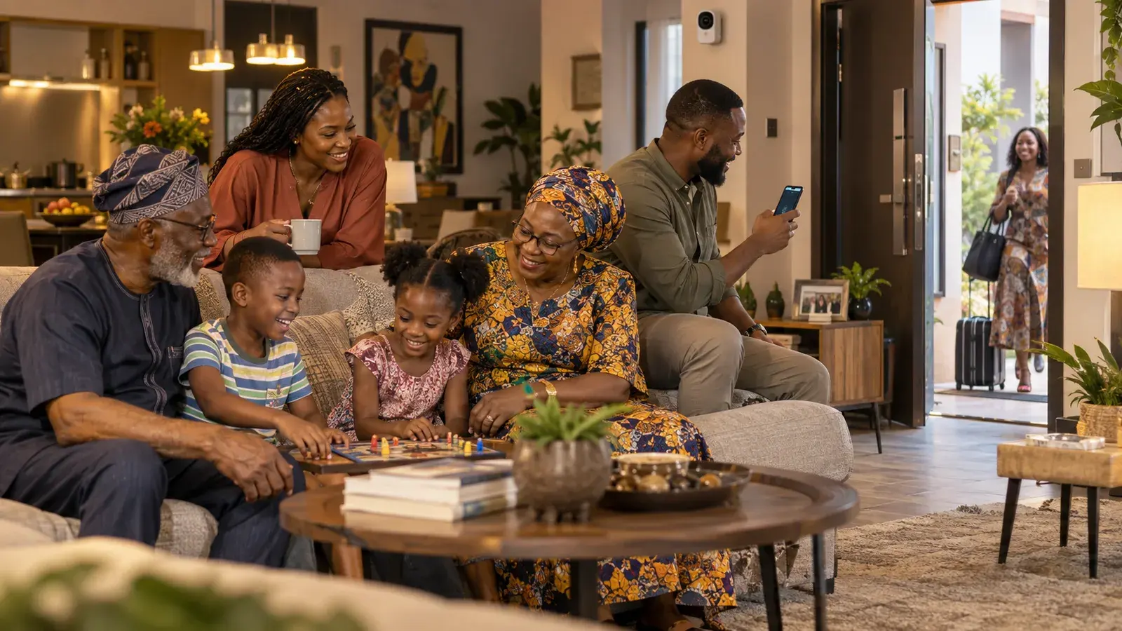 Nigerian family relaxing in a living room with a MyMaiGuard indoor security camera watching the front door