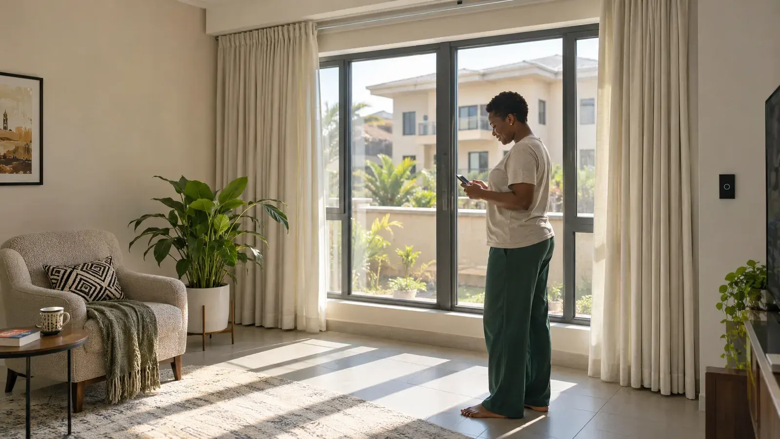 Man arming his smart home security panel from his phone in a bright apartment